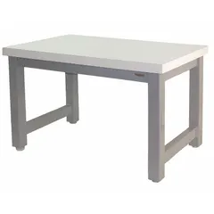 Fixed-height open-base workstation with a black laminate top measuring 120 inches by 30 inches. Overall load capacity of 20,000 lb supports heavy equipment and large parts in industrial assembly, maintenance, and material handling applications.
