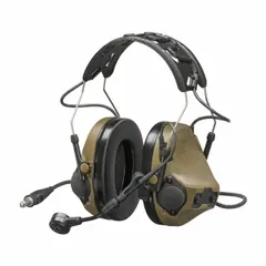 Wired over-the-head headset with 23 dB NRR for hearing protection and two-way radio listen-and-talk communication. Includes (2) AAA alkaline batteries. Brown cups, non-foldable. Not intrinsically safe. Suitable for noisy industrial environments such as manufacturing plants, construction sites, and maintenance operations.