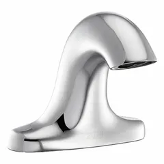 Brass construction with polished chrome finish. Operates on battery or hydropower. Includes gear-driven ceramic cartridge. Aerated flow for efficient water use. Suitable for commercial restroom applications requiring hands-free operation.