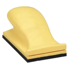 This plastic hand block accepts pressure-sensitive adhesive (PSA) sanding sheets for manual surface preparation and finishing. The block measures 2 3/4 in x 5 in and allows quick sheet changes. It is used in woodworking, metalworking, and automotive refinishing for tasks such as sanding, smoothing, and finishing.