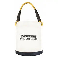 This canvas bucket bag features an open top for quick access to tools and materials. The heavy plastic bottom with feet protects against moisture and abrasion. Suitable for carrying tools, parts, or materials on job sites.