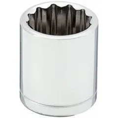 Chrome socket with 3/8" square drive and 11/16" hex opening. 12-point standard configuration for use with SAE fasteners. Suitable for tightening or loosening bolts and nuts in automotive, machinery, and general assembly applications.