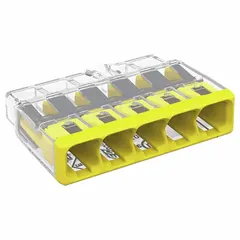 This 5-port push-in connector from the WAGO 2773 Series accepts solid copper wires from 20 AWG to 12 AWG. Rated for 32 A and 600 V, it provides a tool-free termination solution for use in industrial control panels, junction boxes, and lighting systems.