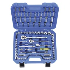 This 99-piece socket set includes 1/2 in drive tools and covers SAE and Metric sizes from 4 mm to 19 mm. It features 12-point, 6-point, and 8-point configurations, with deep sockets for recessed fasteners. Suitable for tightening and loosening fasteners in automotive repair, machinery maintenance, and general assembly.