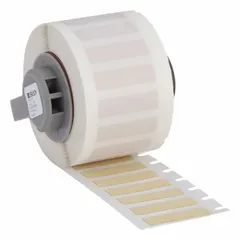 Polyimide precut label roll with permanent adhesive, measuring 29/32 in x 1/4 in. Designed for use with M611 printer series. Suitable for labeling circuit boards, components, and equipment in industrial environments where heat resistance and long-term readability are required.