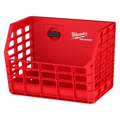 This wall basket is a plastic, red tool rack and shelf from the PACKOUT system. It measures 9 1/2 inches wide, 7 inches high, and 7 inches long, with a 20 lb weight capacity. Designed to attach to PACKOUT rolling tool boxes, it provides organized storage for small tools, parts, or accessories on job sites.