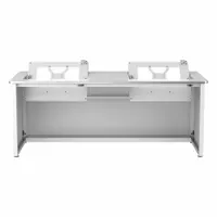 This 72-inch wide computer desk features a white metal desktop and a white steel frame. It includes a modesty panel for a clean appearance. Suitable for office or home workstation setups, it provides a flat surface for monitors, keyboards, and paperwork