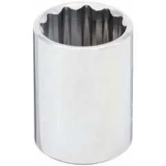 This 1/2" drive hand socket features a 22 mm metric size with a 12-point standard configuration. The chrome finish provides corrosion resistance. It is used for tightening or loosening hex fasteners in automotive repair, machinery maintenance, and general industrial assembly.