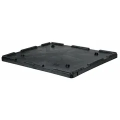 This BUCKHORN lid is made of black plastic and measures 47 3/4 inches by 40 inches. It is designed to fit BUCKHORN BI4840 bulk containers, providing a cover to shield contents from dust and debris during storage or transport. Commonly used in warehousing and material handling applications.