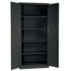 Steel industrial shelf cabinet with welded frame, stationary base, and four adjustable shelves. Finished in powder-coated dark gray. Equipped with a swing handle and padlock hasp for security. Suitable for storing tools, parts, and equipment in warehouses, factories, and workshops.