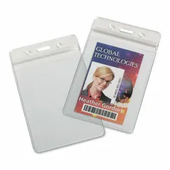 Vertical clear vinyl badge holder with pouch attachment. Supplied in a pack of 25. Suitable for securing and displaying identification badges in workplaces, schools, and facilities.