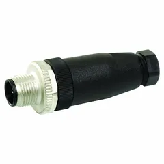 This M12 field-wireable circular connector features 5 pins with A-coding for signal, low-power, and Gigabit data transmission. It has a straight body, screw terminals, and a PA housing with IP67 protection. Rated 60V AC/DC, it is suitable for industrial automation and sensor connections requiring reliable, field-installable wiring.