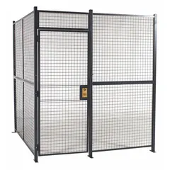 This welded-wire partition cage measures 8 ft wide by 10 ft deep by 8 ft high, with a gray powder-coated finish. It includes two sides and an out-swing door with a keyed different cylinder lock. No ceiling panel is included. Typical applications include securing inventory, tools, or equipment in industrial facilities such as warehouses and manufacturing plants.