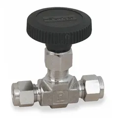 316 stainless steel inline needle valve with integral bonnet and PTFE packing. Features a V-Stem for precise flow control of chemicals. Compression x compression connections for 3/8 in pipe size. Complies with ISA S75.02 standards.