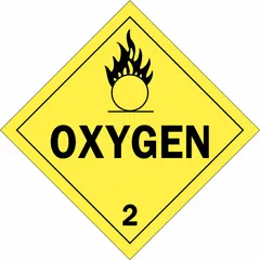 Class 2: Gases placard for identifying containers holding oxygen. Measures 10 3/4 in x 10 3/4 in with message 'Oxygen 2'. Used for hazard communication on gas cylinders during transport and storage.