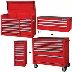 This heavy-duty combo unit includes a top chest, intermediate chest, side cabinet, and rolling cabinet with a total of 27 drawers. It features a keyed locking system and ball-bearing drawer slides. Overall dimensions: 57-1/2 in W x 19 in D x 82-3/4 in H. Suitable for organized tool storage in workshops and garages.