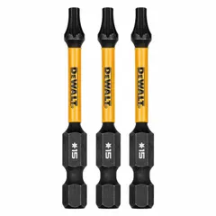 Impact-rated Torx bits with T15 size and standard hex shank, designed for driving Torx fasteners in high-torque applications. Suitable for use with impact drivers in construction and assembly tasks. Pack of 3.