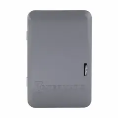 Digital timer switch with metal body for indoor surface mounting. Features 7-day astronomic scheduling that automatically adjusts on/off times based on sunrise and sunset. SPST switching, 120-277V AC. Used for automating lighting and equipment schedules in commercial or industrial settings.