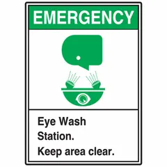 Adhesive vinyl sign for marking eye wash station areas to keep them clear. Nominal size 5 in x 3 1/2 in, 0.02 in thick. Not retroreflective, not glow-in-the-dark, no anti-slip surface. Sold in a 5-pack. Suitable for industrial facilities requiring clear access signage.