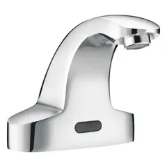 The SLOAN SF2300 is a centerset sensor bathroom faucet constructed of brass with a chrome finish. It operates via plug-in power with a battery backup using four AA alkaline batteries. The faucet includes a back-check tee and aerator. Typical applications include commercial restrooms in office buildings, hotels, airports, and healthcare facilities.