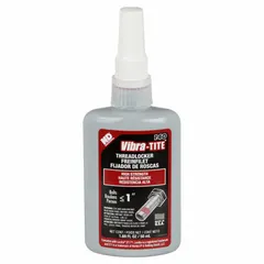 Red, high-temp resistant threadlocker in a 1.69 fl oz bottle. Locks and seals threaded fasteners to prevent loosening from vibration and thermal cycling. Suitable for industrial equipment where reliable joint integrity is required.