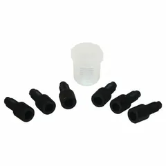 This replacement plug cap kit is made of polypropylene and is designed for use with HPLC PTFE manifolds. It is intended to replace worn or missing plug caps on HPLC waste can manifolds, helping to maintain a secure seal in laboratory solvent waste systems.