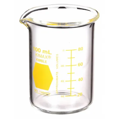 KIMBLE Colorware Beaker: 100 mL, 3.38 fl oz, A, Low Form, Type I, Yellow - Color Coded Low Form Glass Beakers