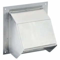 Round wall cap for terminating 6-inch round duct through an exterior wall. Made of aluminum with a silver finish. Includes a screen to block pests and a backdraft damper to prevent outside air entry. Suitable for residential and light-commercial ventilation exhaust systems.