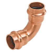 This 90° elbow is a press-fit copper tube fitting for changing direction in plumbing systems. It connects 3-inch CTS copper tubing without soldering, suitable for water supply lines in commercial and industrial applications. The press-fit connections provide reliable joints