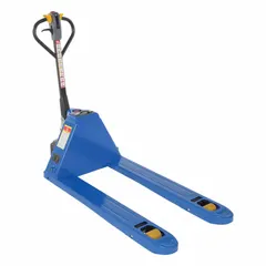 This manual-lift and electric-drive pallet jack uses a 48V lithium-ion battery for horizontal transport. It has standard steel forks measuring 48 in length by 27 in width, with 27 in width across forks and 13 in between forks. The maintenance-free design is suited for moving palletized loads in warehouses and distribution centers.