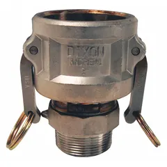 This Type B cam and groove fitting is constructed of 316 stainless steel with a Nitrile gasket. It has a 1-1/2 in -11-1/2 MNPT thread and an overall length of 3 17/32 in. Suitable for fluid-handling systems requiring corrosion resistance and secure connections.