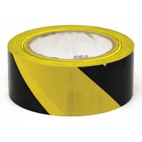 Vinyl floor marking tape with black/yellow striped pattern for visual warning. Measures 2 inches wide by 108 feet long, 6.6 mil thickness. No printed legend. Used to mark aisles, hazard zones, and storage areas in industrial facilities