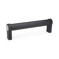 This rear-mount pull handle features a round black profile with black powder-coated zinc legs. It has a 12 in mounting hole center to center and accepts 5/16"-18 screws. Suitable for heavy-duty industrial doors, panels, and machinery enclosures requiring a secure grip