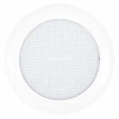 Round LED courtesy light with clear lens, surface mount style, and blunt cut wires. Operates at 12.8V DC with up to 320 lumens output. Suitable for low-level illumination in vehicle interiors, marine cabins, RVs, and other confined spaces.