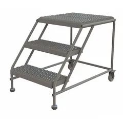 This rolling steel platform provides a fixed 2.5 ft working height for elevated tasks such as maintenance, assembly, and inspection. The 24 in x 24 in surface supports up to 800 lb. It features a gray finish and does not include handrails or a locking mechanism.
