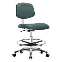 This armless cleanroom task chair features vinyl upholstery and an aluminum base, rated for ISO 4 environments. It includes foot support and an adjustable height range of 21 1/2 in to 29 in. Seat dimensions are 18 1/2 in wide by 17 in deep. Not ESD safe