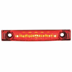 LED rectangular surface mount clearance light with clear/red lens. Red lens color, hole mount, lead connector. IP67 rated, SAE PC lens code. Used on trucks, trailers, and heavy equipment to mark vehicle width and height.