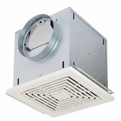 Standard commercial ceiling exhaust fan with variable speed control. Delivers up to 130 cfm airflow at 0.3 sones. Features a low-profile design, round duct connection, and white plastic grille. Operates on 115V AC nominal / 120V AC nameplate voltage. Suitable for general ventilation in commercial spaces.