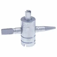 Metal 4-way valve tool with corrosion-resistant finish. Overall length 2 in, width 3/4 in. Used for servicing tire valve cores during inflation and pressure checks