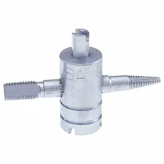 Metal 4-way valve tool with corrosion-resistant finish. Overall length 2 in, width 3/4 in. Used for servicing tire valve cores during inflation and pressure checks.