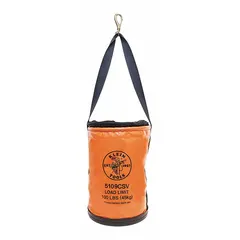 This 17-inch-high bucket bag is made of orange canvas with an open top and no pockets. It features a single handle with a snap hook for secure attachment to ladders or belts. Suitable for carrying tools and materials on job sites.