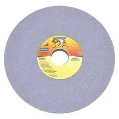 Straight grinding wheel, Type 1, 8 in diameter, 1/2 in thickness, 1 1/4 in arbor hole. Grade 32A100-IVBE with I hardness. Suitable for moderate-to-heavy grinding of tool steels in surface grinding, deburring, and sharpening applications. Sold in a 5-pack.