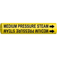 Yellow snap-on pipe marker with black legend reading 'Medium Pressure Steam'. Fits pipe outer diameters from 2-1/2 to 3-7/8 inches. Includes directional arrows. Used to identify medium pressure steam lines in industrial piping systems
