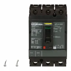 3-pole molded case circuit breaker rated 50 A and 600V AC with a 65kA interrupting capacity at 240V AC. Fixed configuration with line/load lugs and ABC phase connection. Suitable for overcurrent protection in industrial power distribution, motor control centers, and panelboards.
