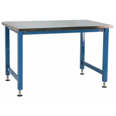 Open-base workstation with a stainless steel top measuring 60 in x 36 in in blue. Overall load capacity of 1,000 lb. Suitable for industrial assembly, maintenance, and laboratory tasks where a corrosion-resistant work surface is required.