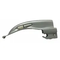 Reusable stainless steel laryngoscope blade with standard illumination, MacIntosh curved design. Blade size 0, overall length 3 1/8 in, width 3/8 in, silver finish. Used for intubation in patients with smaller airways, such as infants or children, to lift the epiglottis indirectly for vocal cord visualization