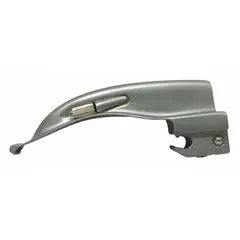 Reusable stainless steel laryngoscope blade with standard illumination, MacIntosh curved design. Blade size 0, overall length 3 1/8 in, width 3/8 in, silver finish. Used for intubation in patients with smaller airways, such as infants or children, to lift the epiglottis indirectly for vocal cord visualization.