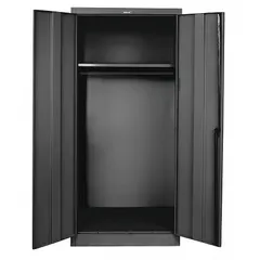 This commercial wardrobe cabinet from HALLOWELL measures 48 x 24 x 78 inches and features a black frame finish. It includes one adjustable shelf and a swing handle with keyed lock for secure storage. Suitable for organizing coats, uniforms, and personal items in workplaces and facilities.