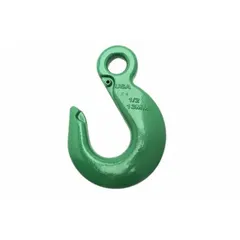 General purpose slip hook for lifting applications, used in rigging and material handling to attach slings or chains to loads. Made of alloy steel with Grade 100 rating, 6 in overall length, and eye attachment. Green finish, no visual indicator markings.