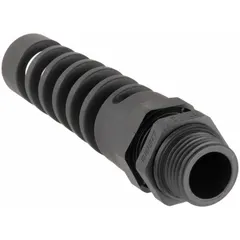 This black strain relief connector secures and protects electrical cables entering control stations and pendants. It includes a 1/2 in NPT screw gauge for installation. Compatible with Dayton Control Pendants and Control Stations.